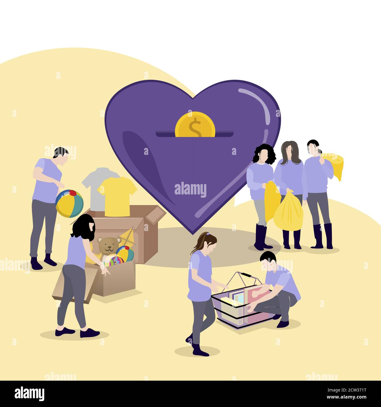 Concetto di volontariato, le persone raccolgono cose e denaro per la carità. Vettore donare carità, aiuto e speranza, illustrazione sociale no profit aiuto Illustrazione Vettoriale