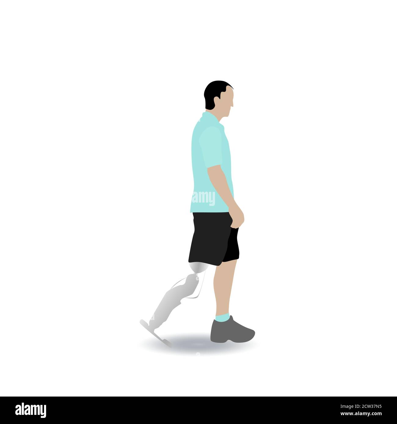 Uomo con gamba protesis camminando isolato su sfondo bianco. Protesi arti inferiori, persone disabili, piedi artificiali protesici. Vettore a pieno titolo Illustrazione Vettoriale