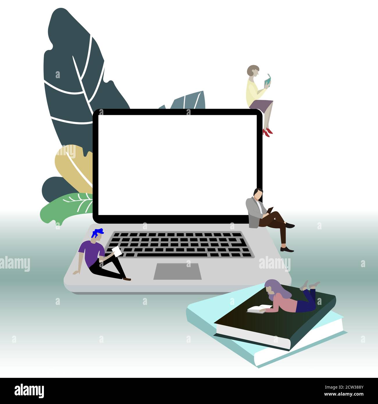 Lettura online concetto. Apprendimento e lettura online, e-learning a distanza, tutorial webinar con notebook. Libri vettoriali di apprendimento persone, illustrazione imparare Illustrazione Vettoriale