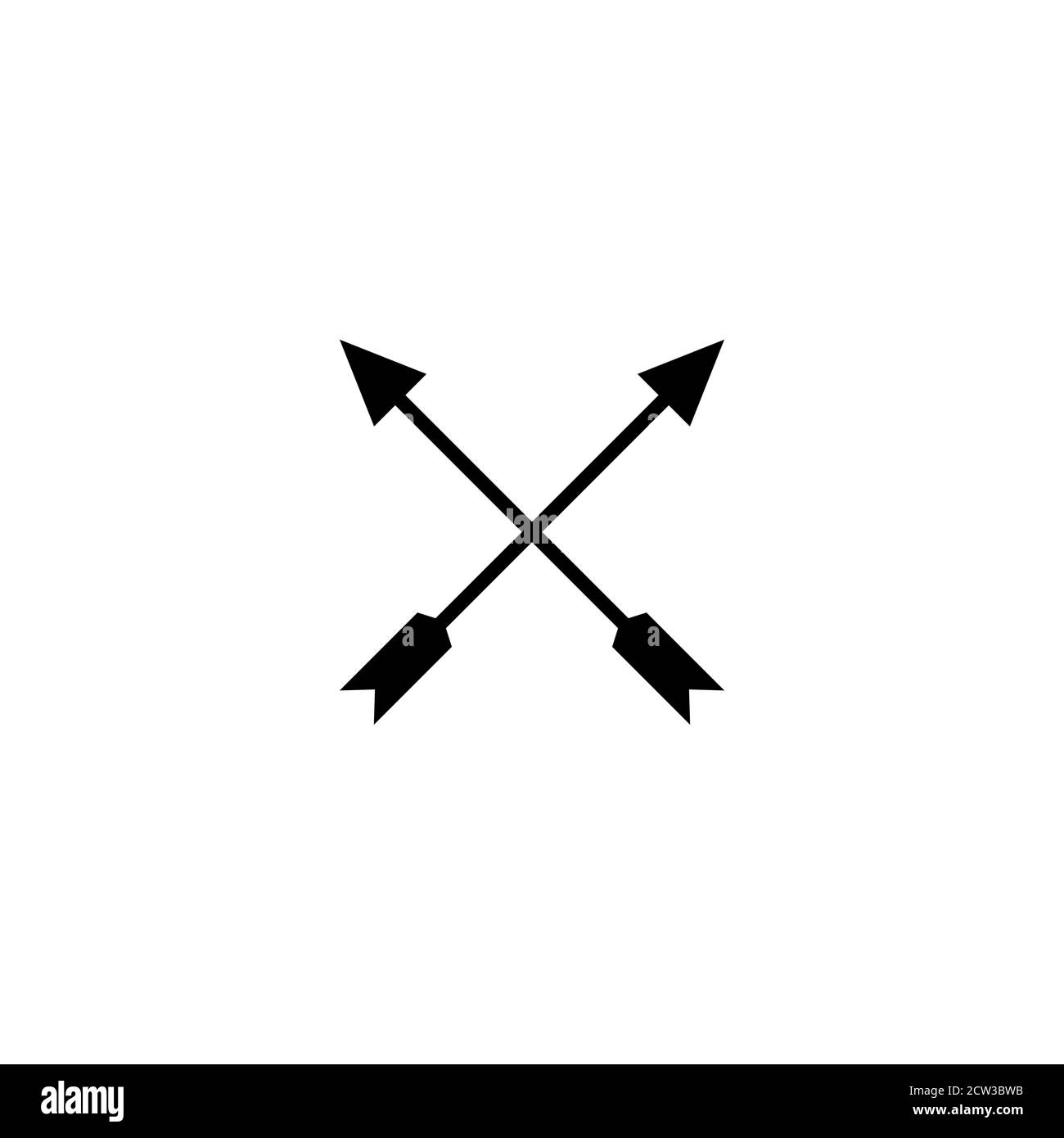 Due frecce nere incrociate isolate su bianco. Icona di avventura piatta. Ideale per interfacce Web e software. Campin, caccia. Vacanza selvaggia. vin incrociato Illustrazione Vettoriale
