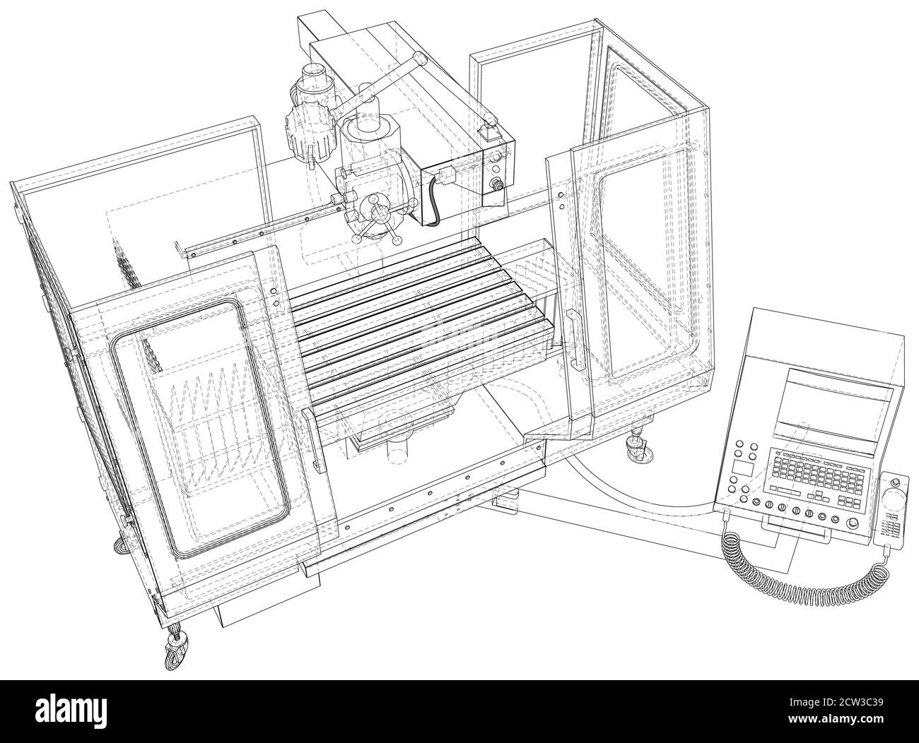 Vettore di illustrazione della macchina del tornio CNC. Linea filo-telaio isolata. Rendering vettoriale di 3d. Illustrazione Vettoriale