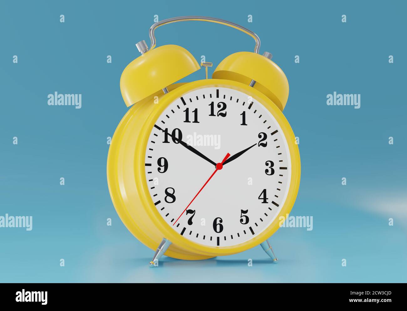rendering 3d dell'orologio di allarme lucido su sfondo blu. rendering 3d. Foto Stock