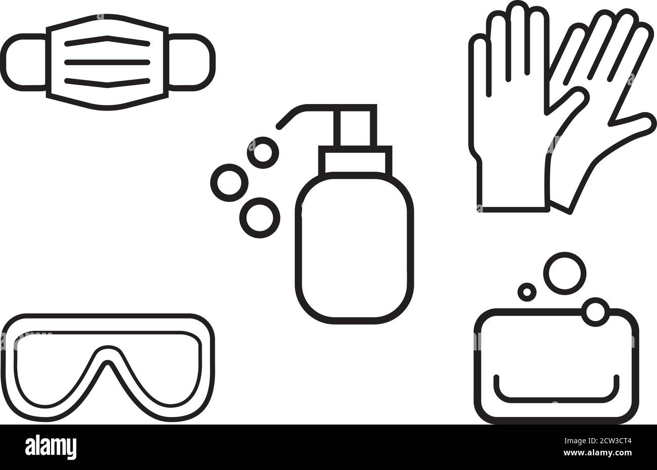 dispositivi di protezione individuale icone e simboli vettoriali piatti, set di icone. Maschera chirurgica, maschera medica, guanti protettivi, guanti in lattice, sapone, dispenser, Illustrazione Vettoriale