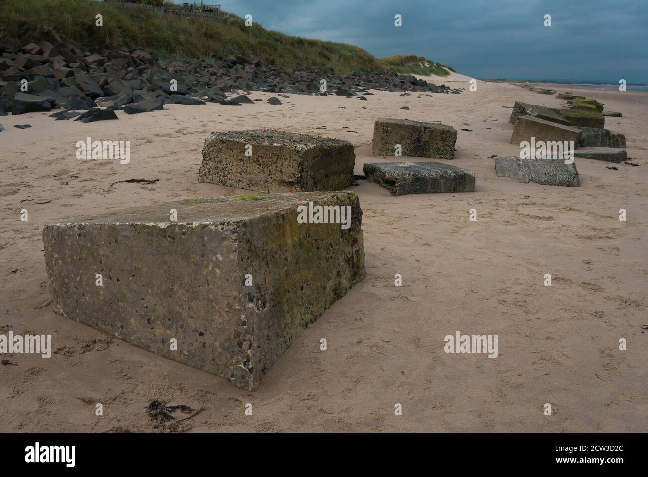 Anti Tank difenses, Druridge Bay, Northumberland Foto Stock