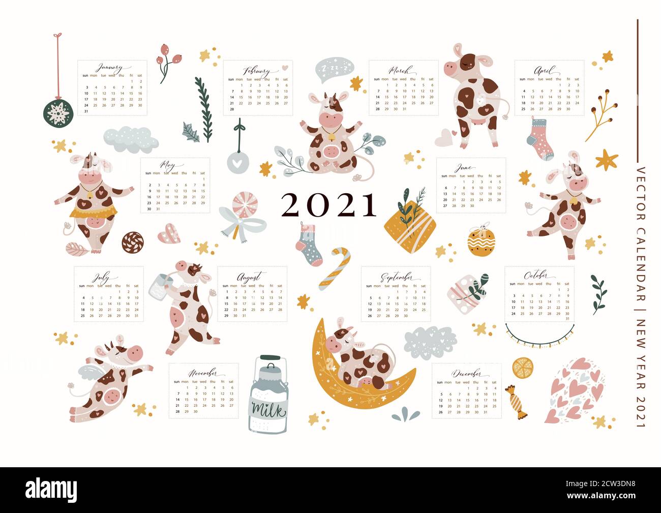 Natale carino cartoon mucca vettore 2021 calendario modello illustrazione con disegni a mano animali e decorazioni. Poster del saluto del nuovo anno 2021 decorato per i formati a3, a4, a5. Illustrazione Vettoriale