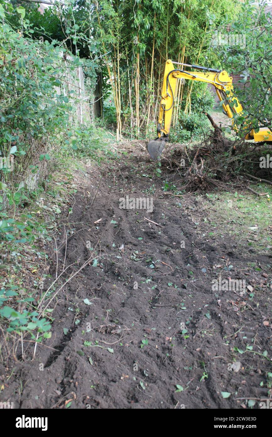 Macchina a motore pesante per scavatrice gialla con braccio di scavo in movimento terra, riabbellendo un giardino organico prato zona frutteto in movimento terreno per terreno piano Foto Stock