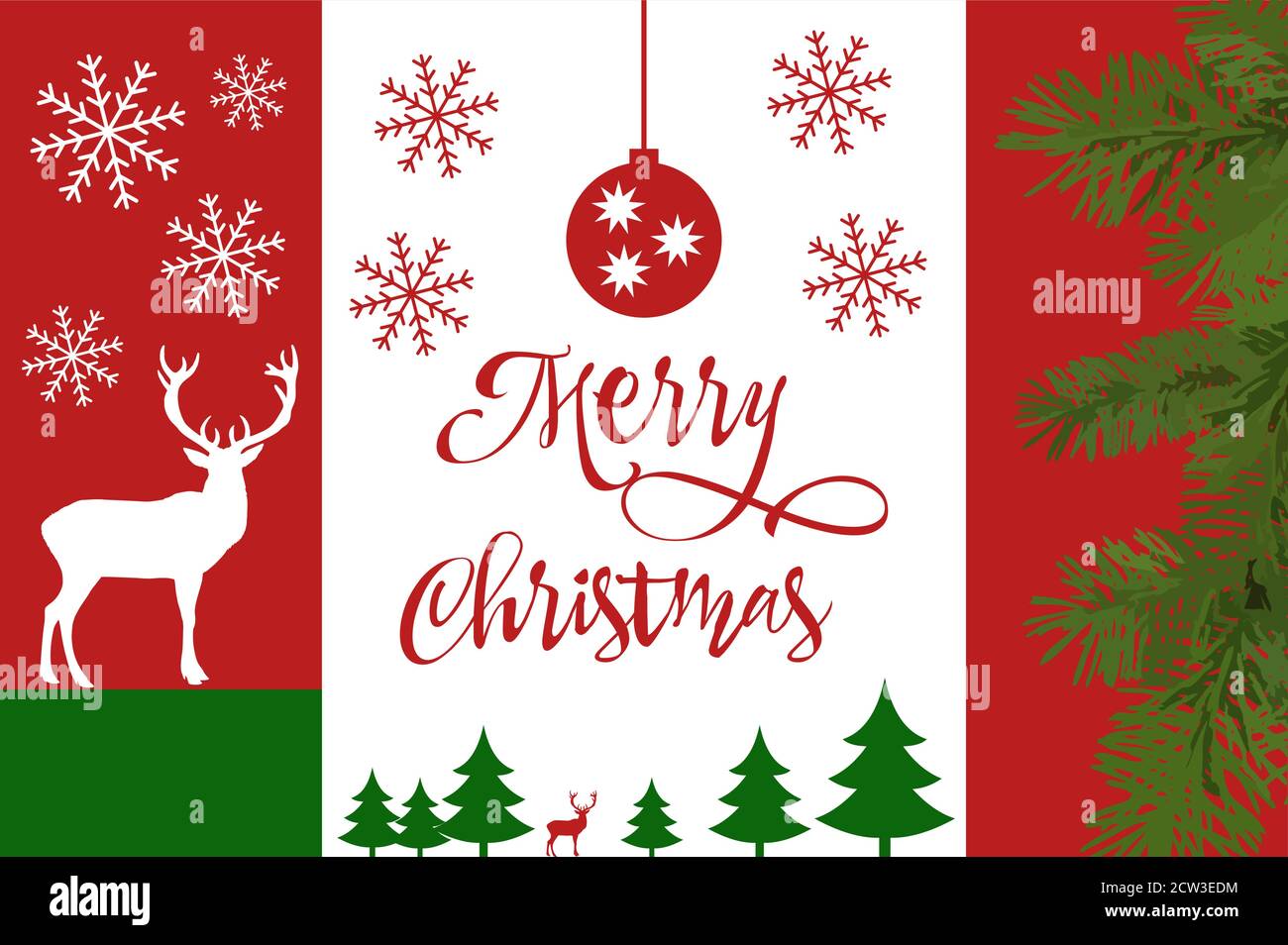 Festa dei cervi, buon Natale e Capodanno tipografico sullo sfondo con paesaggio invernale con fiocchi di neve, luce, stelle. Carta Natale. Vettore Illustrazione Vettoriale