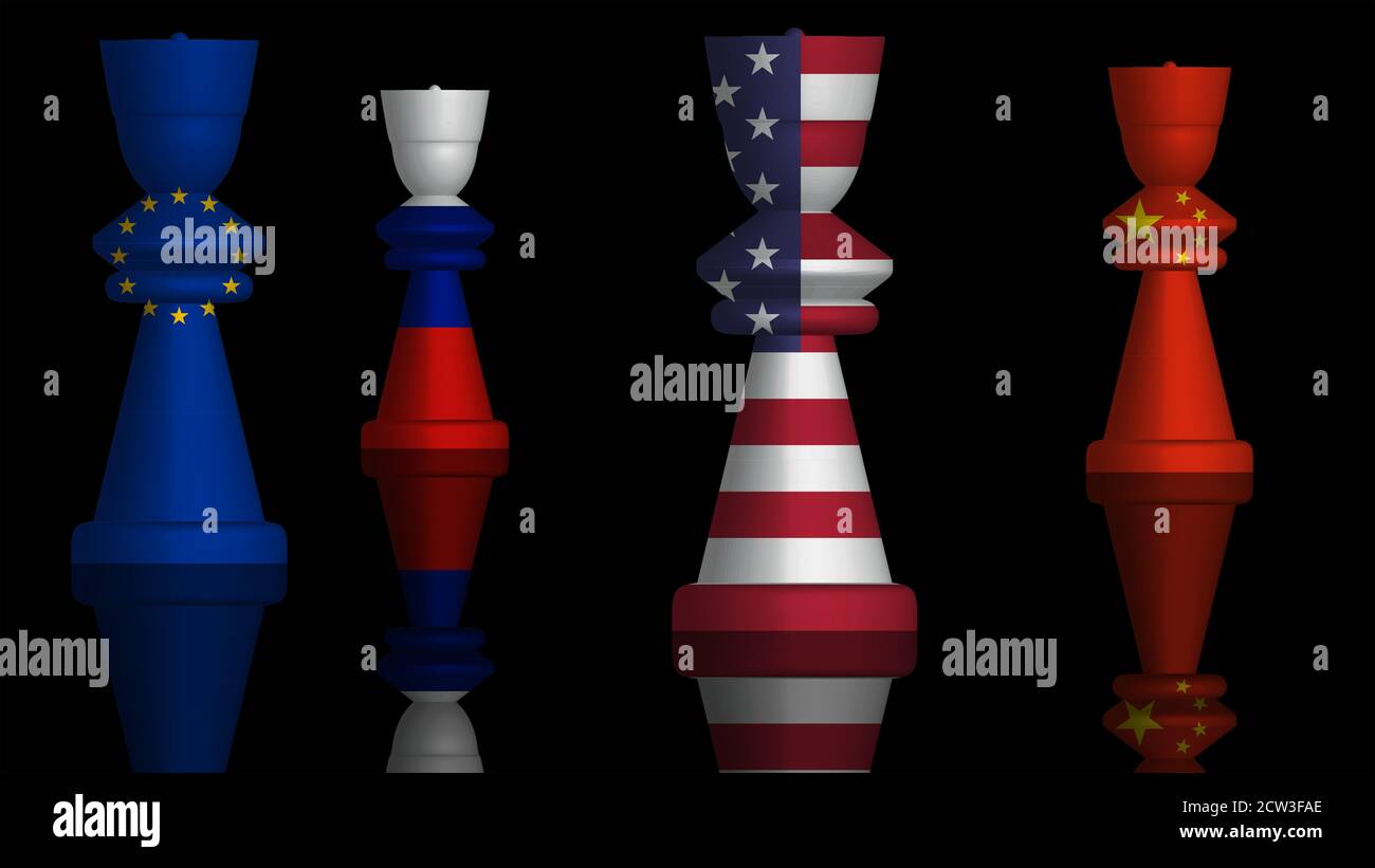 Illustrazione in 3D di un concetto di grande competizione di potenza con bandiere dell'Unione europea, Russia, Stati Uniti e Cina dipinte su scacchi. Rendering 3D Foto Stock