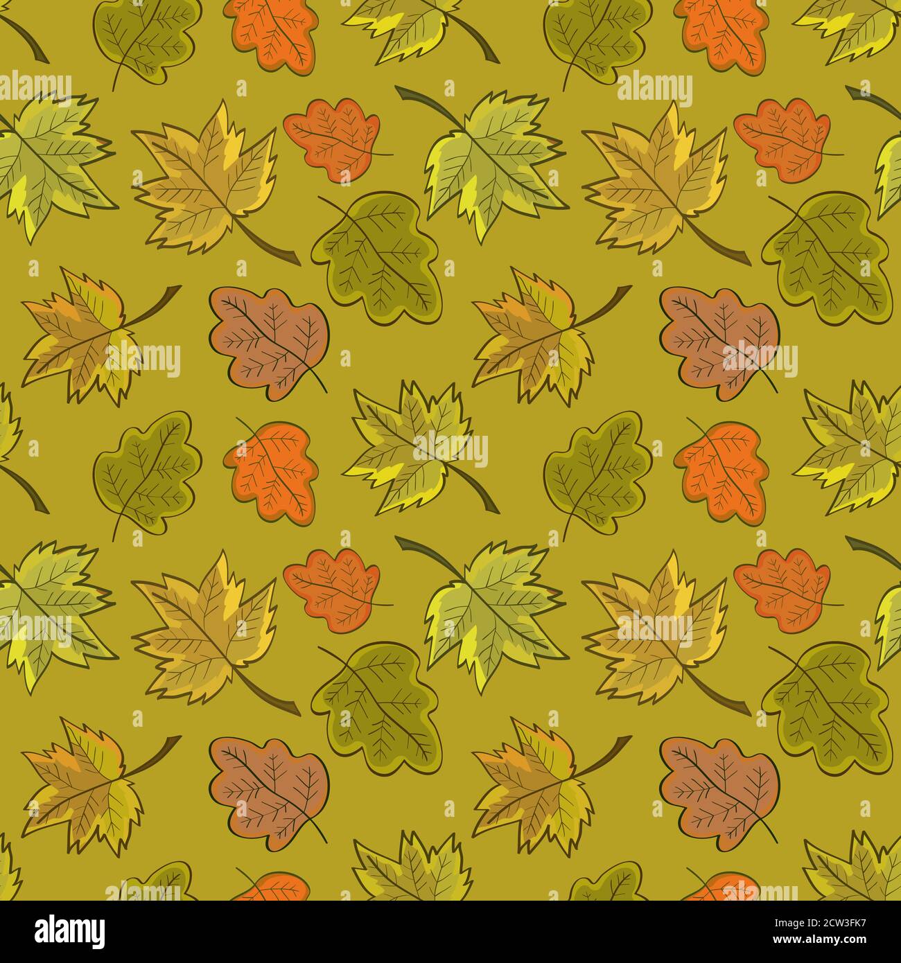 Motivo senza cuciture con foglie autunnali colorate, in colori tenui. Su sfondo verde. Illustrazione Vettoriale