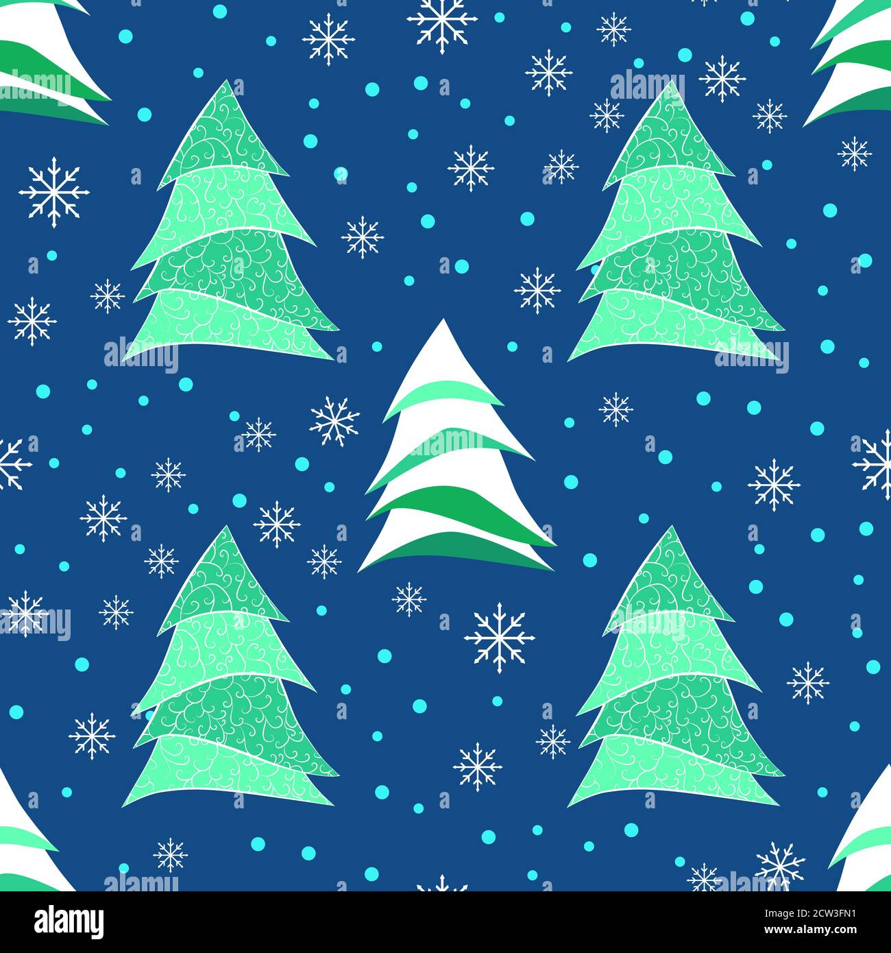 Motivo senza cuciture con albero di Natale stilizzato e fiocchi di neve, nei colori bianco, blu e verde. Illustrazione Vettoriale