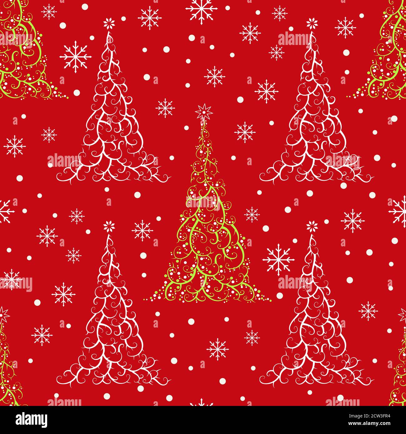 Motivo senza cuciture con albero di Natale stilizzato e fiocchi di neve, nei colori bianco, verde e rosso. Illustrazione Vettoriale