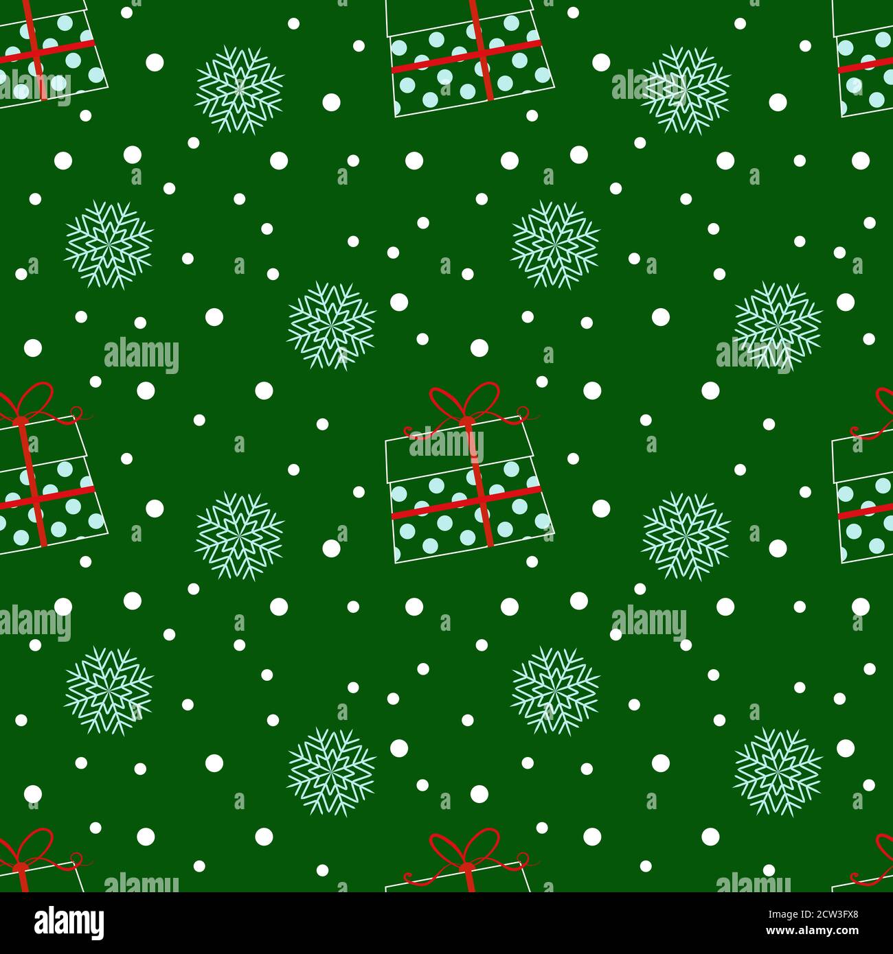 Motivo senza cuciture con regali di Natale bianchi e fiocchi di neve, su sfondo verde. Illustrazione Vettoriale