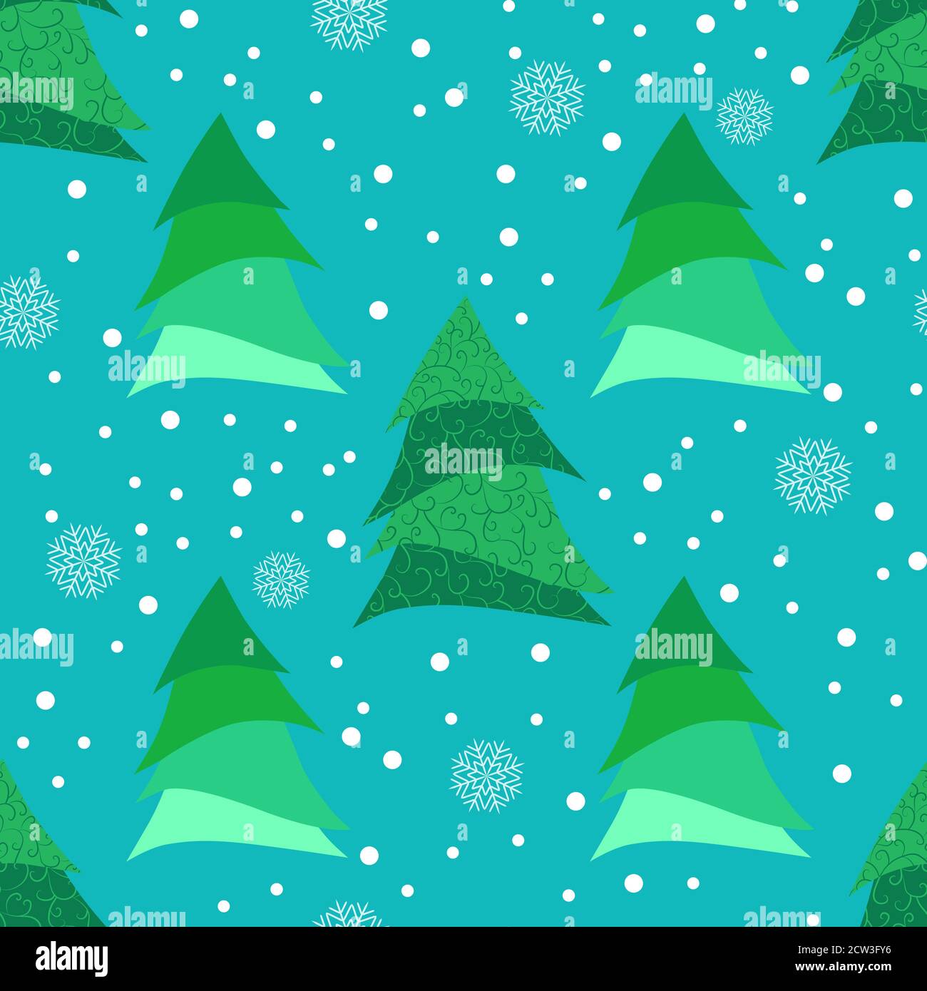 Motivo senza cuciture con albero di Natale stilizzato e fiocchi di neve, nei colori bianco e verde. Illustrazione Vettoriale