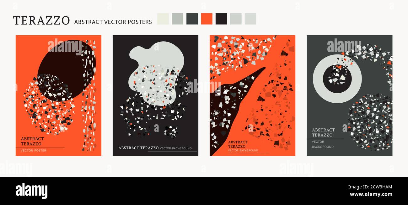 Poster interno del terazzo vettoriale. Set di composizione per forme fresche. Contrasto astratto textured sfondo fatto con reale rotto piccole mattonelle chip. Collezione di carte d'arte in marmo di colore moderno per stampa e web. Illustrazione Vettoriale