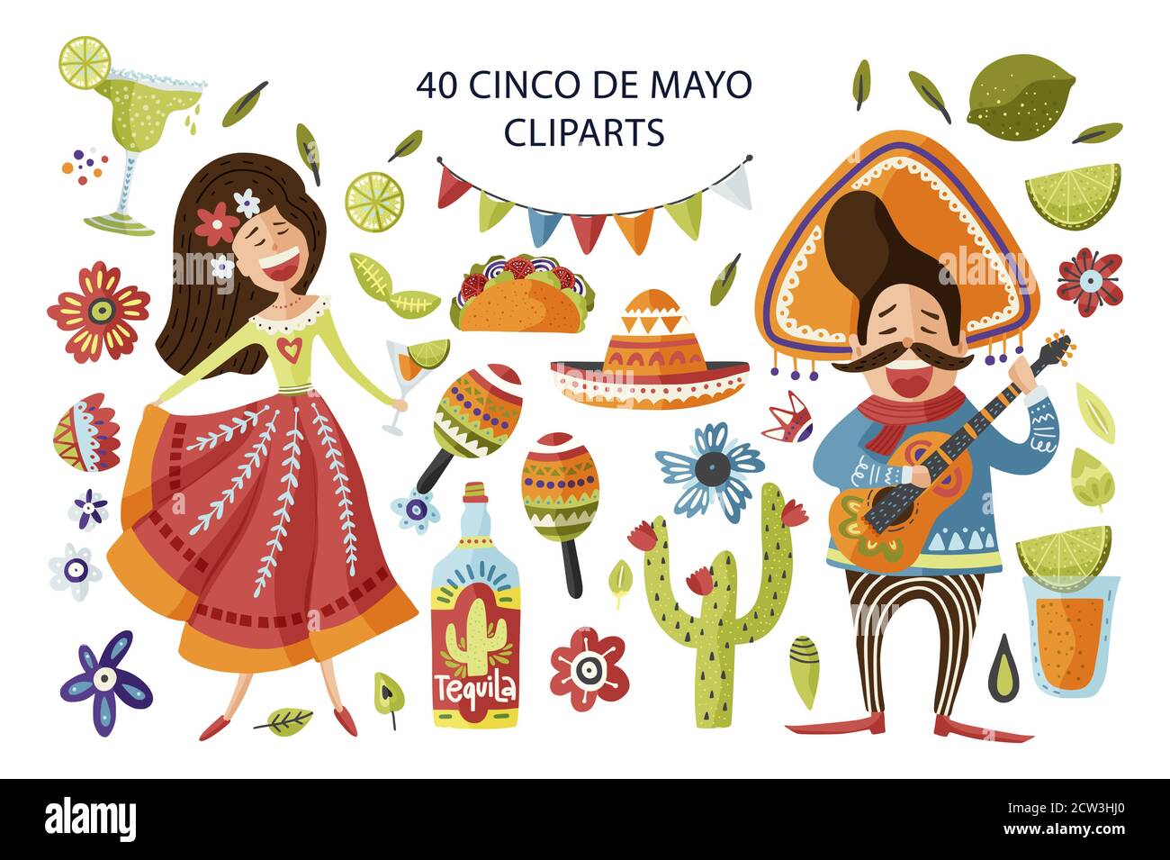Cinco de Mayo vettore colorato insieme clipart. Collezione di icone messicane con cartone animato uomo felice con chitarra e bella senorita ragazza, sombrero, taco, maracas e altri simboli tradizionali festival Illustrazione Vettoriale