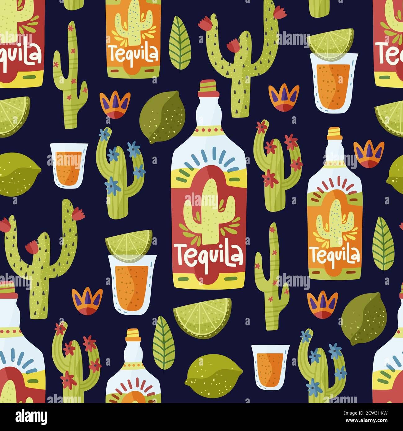 Tequila messicana modello vettoriale senza giunture. Bottiglia alcolica tradizionale e bicchiere da shot con fetta di lime e illustrazione del cactus. Bevanda a base di cartone animato Arte disegnata a mano su sfondo scuro in uno stile piatto. Illustrazione Vettoriale