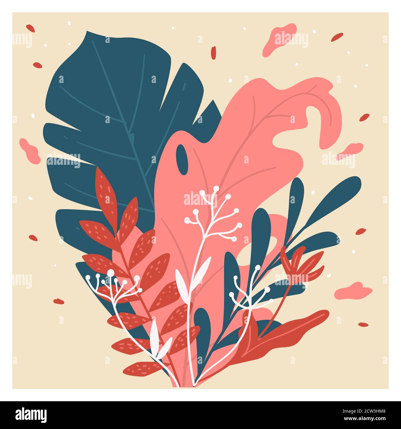 Arbusti tropicali con fiori e vettore foglie di monstera Illustrazione Vettoriale