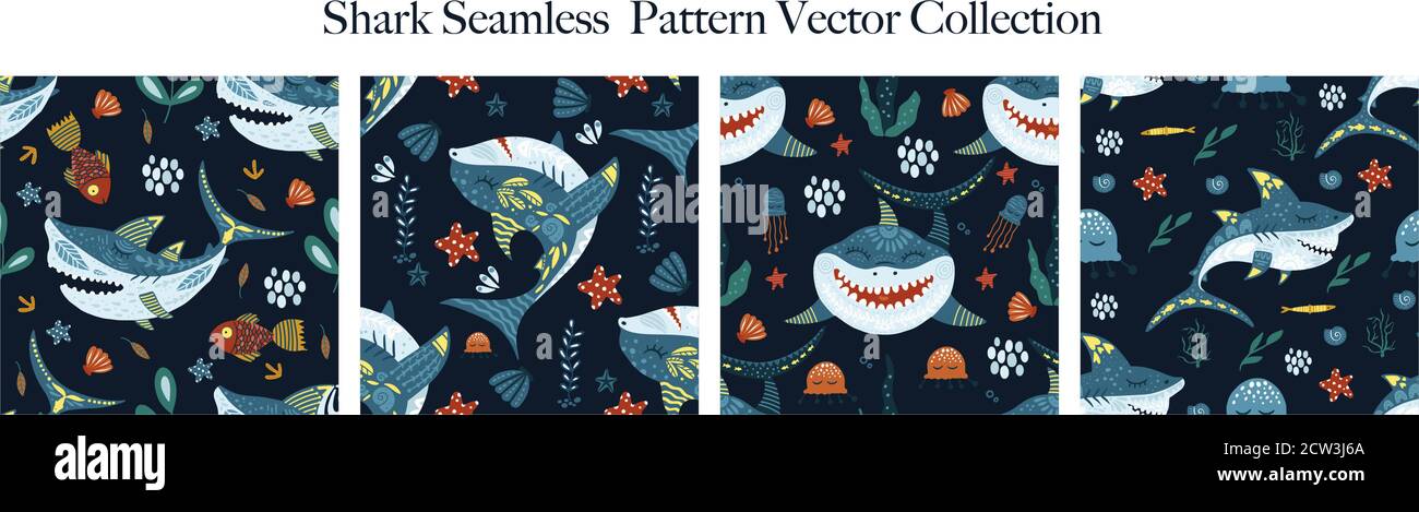 Fumetto subacqueo divertente pesce squalo senza giunture animale vettore modello set. Illustrazione del mare del bambino ornato in uno stile piatto. Oceano tropicale cute collezione di sfondo estivo. Illustrazione Vettoriale