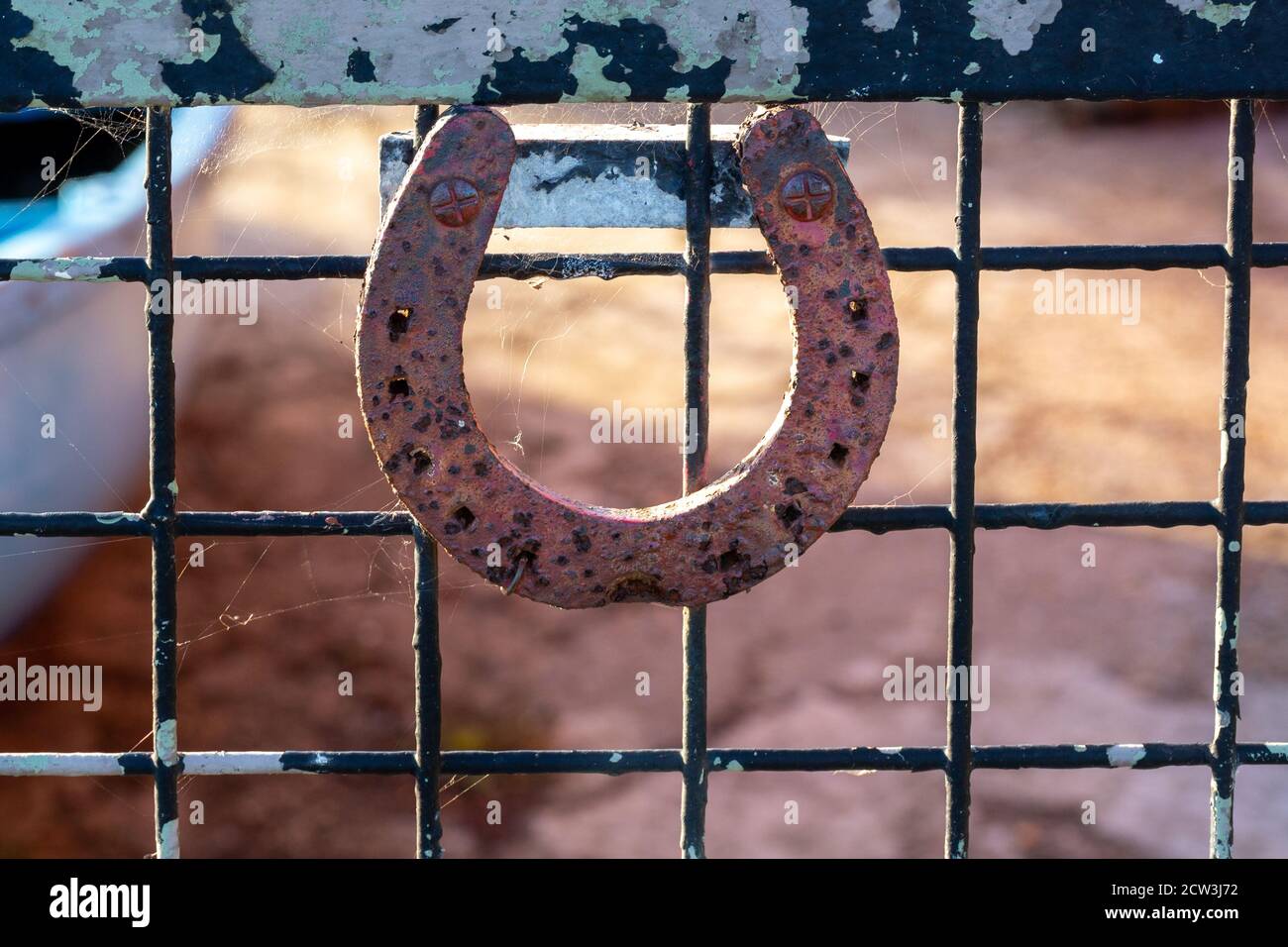 Una rusty scarpa da cavallo appesa su un cancello fuori a. casa per portare fortuna Foto Stock