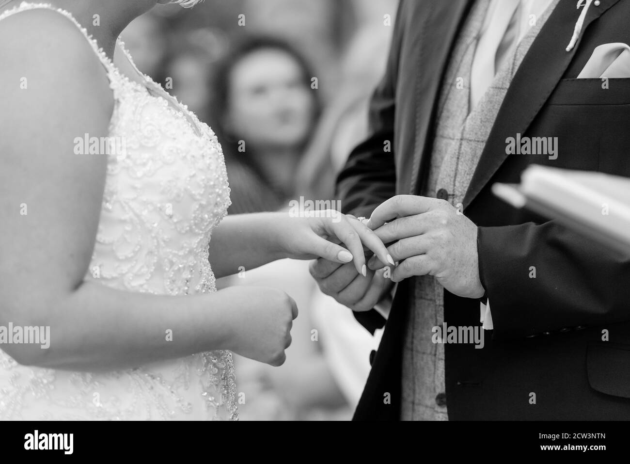 Sposo e sposo scambiano gli anelli di nozze primo piano in nero e bianco Foto Stock
