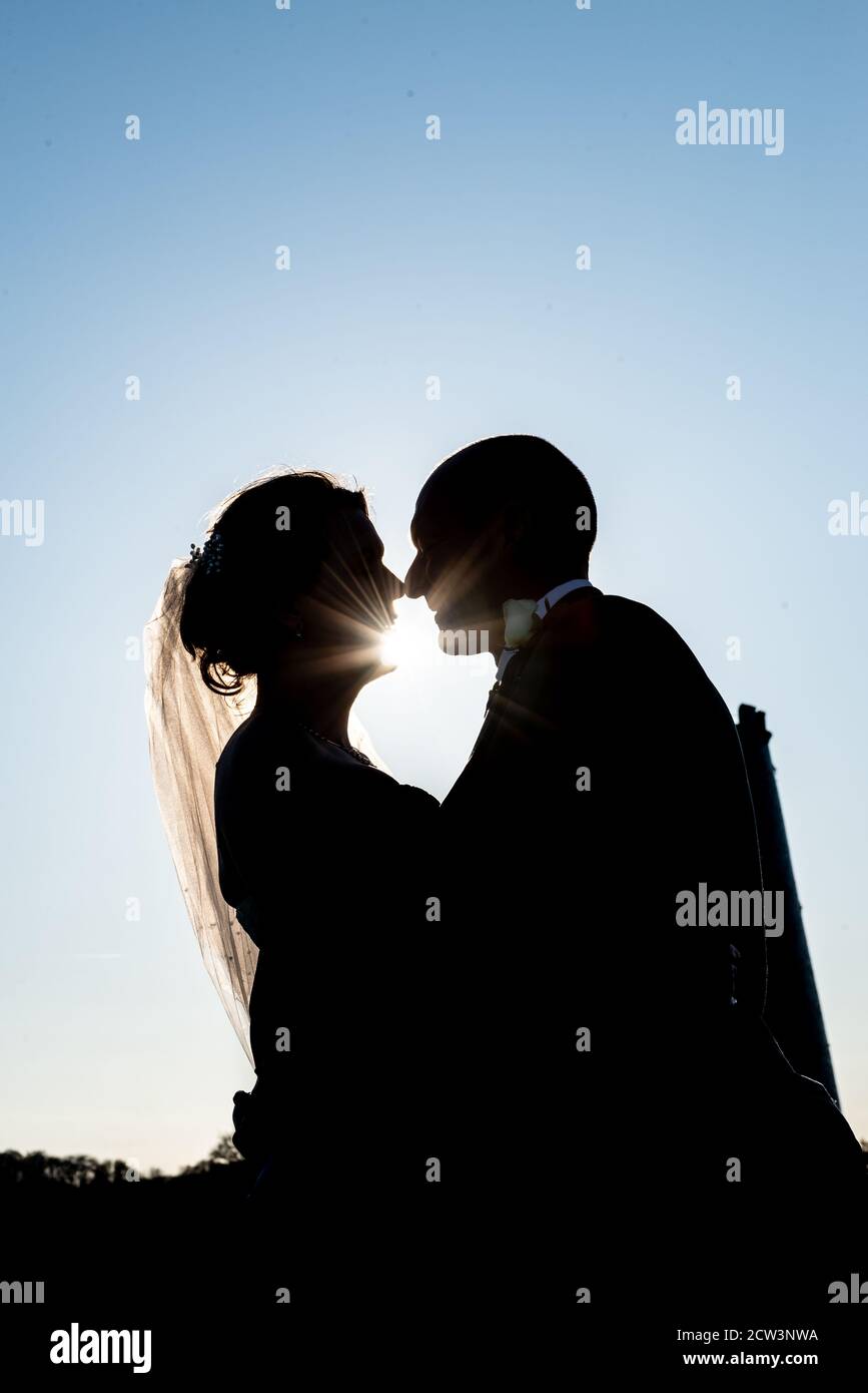 Sposa e Groom che si affacciano l'uno verso l'altro in Silhouette Foto Stock