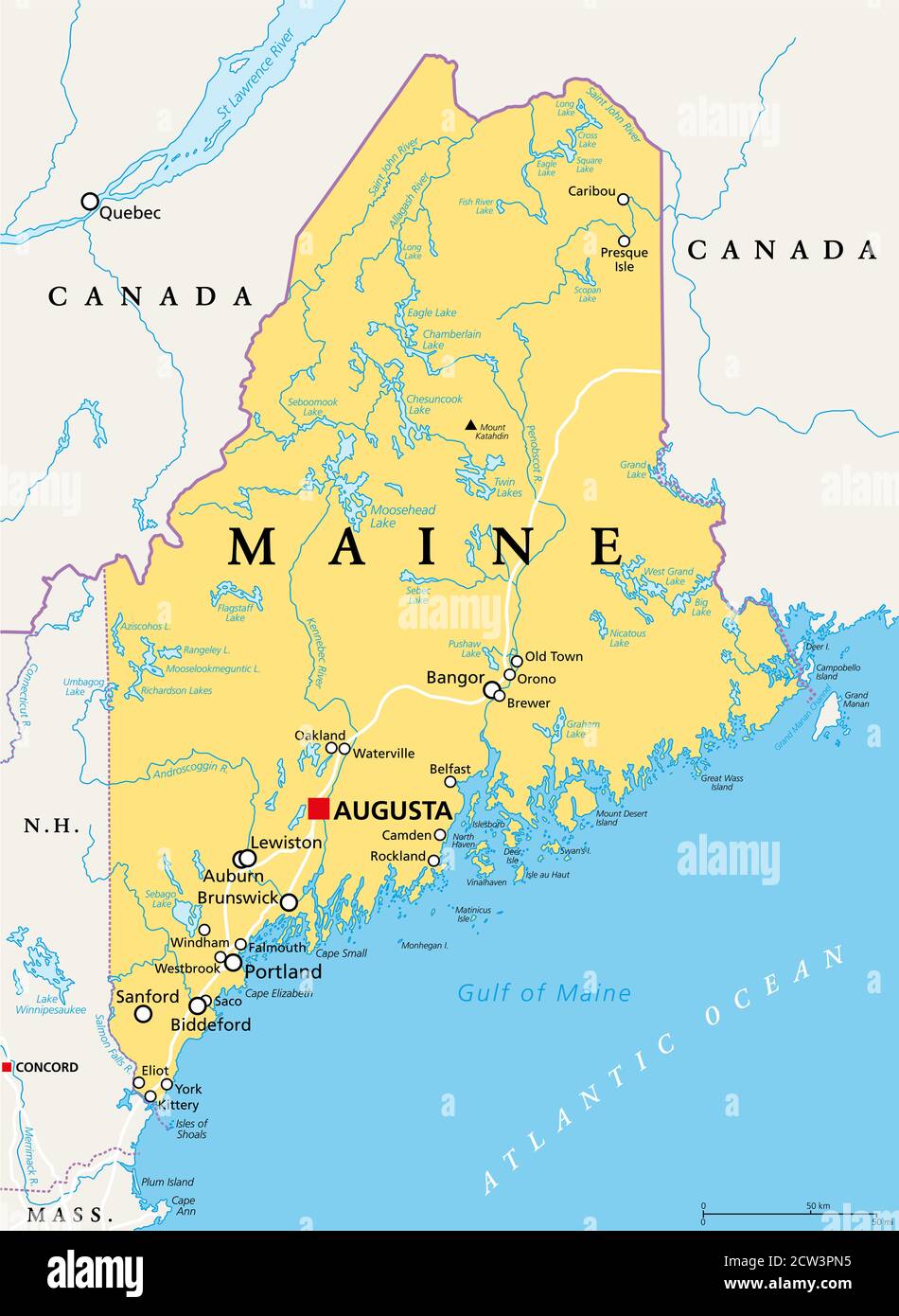 Maine, ME, mappa politica con la capitale Augusta. Stato più a nord degli Stati Uniti d'America, situato nella regione del New England. Foto Stock