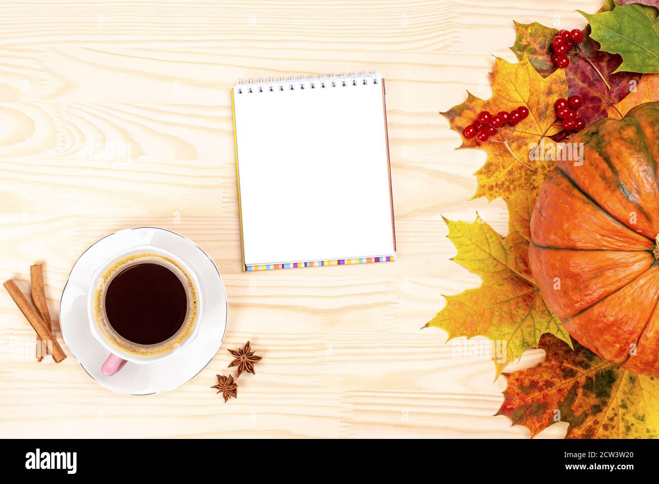 Composizione piatta mockup Autunno. Tazza di caffè, taccuino di carta aperto, bastoncini di cannella, foglie d'autunno su scrivania di legno bianco. Autunno, autunno concetto. R Foto Stock