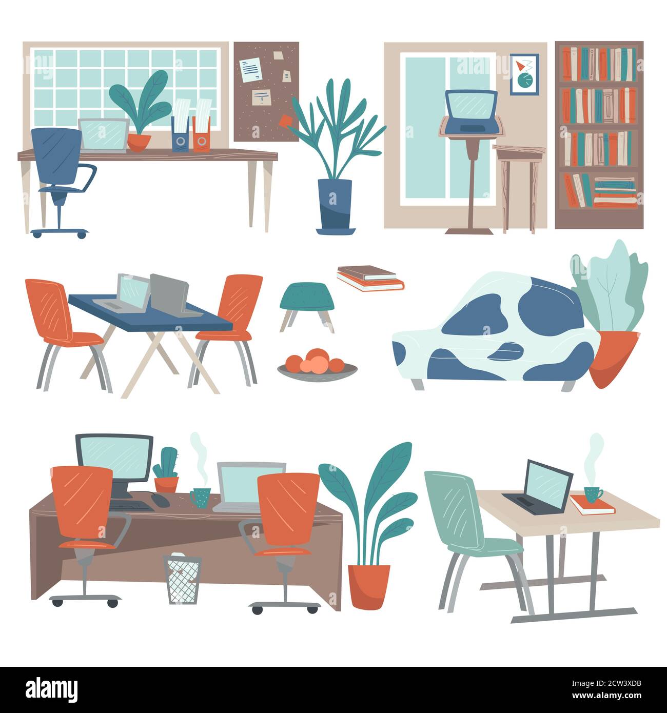 Interni e ambienti di lavoro per la casa e l'ufficio, ambiente di lavoro accogliente Illustrazione Vettoriale