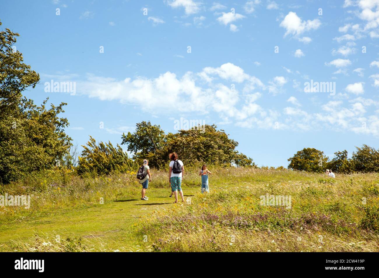 Famiglia sul sentiero nazionale Ridgeway a lunga distanza Brush Hill sopra Princes Risborough Chilterns Buckinghamshire Inghilterra Foto Stock