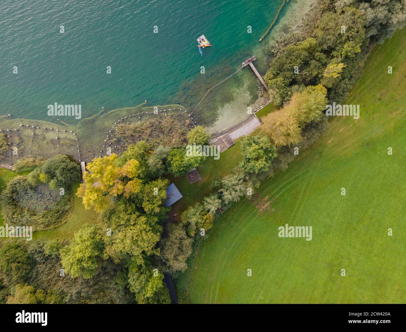 Drone colpo di pascolo vicino ad un lago. Spazio di copia Foto Stock