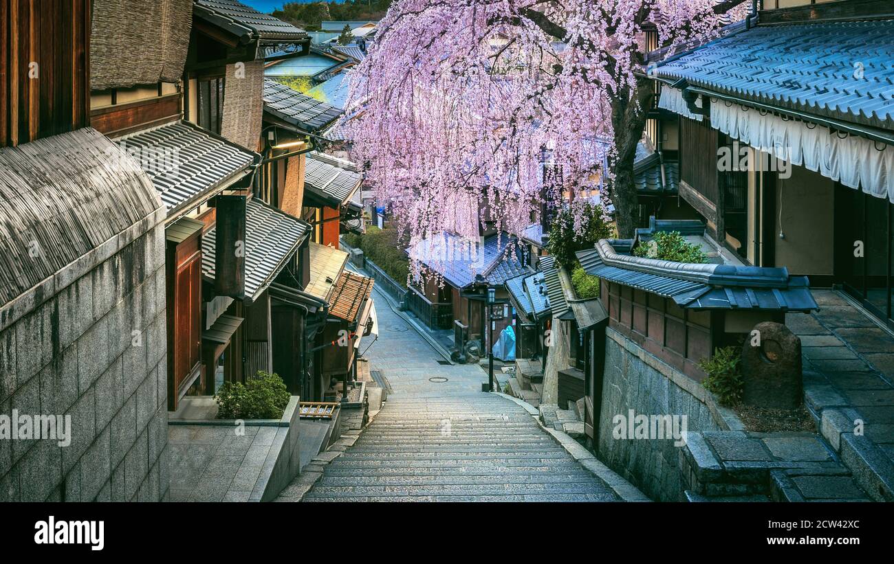 Panorama del quartiere storico di Higashiyama, Kyoto in Giappone. Tonalità vintage. Foto Stock