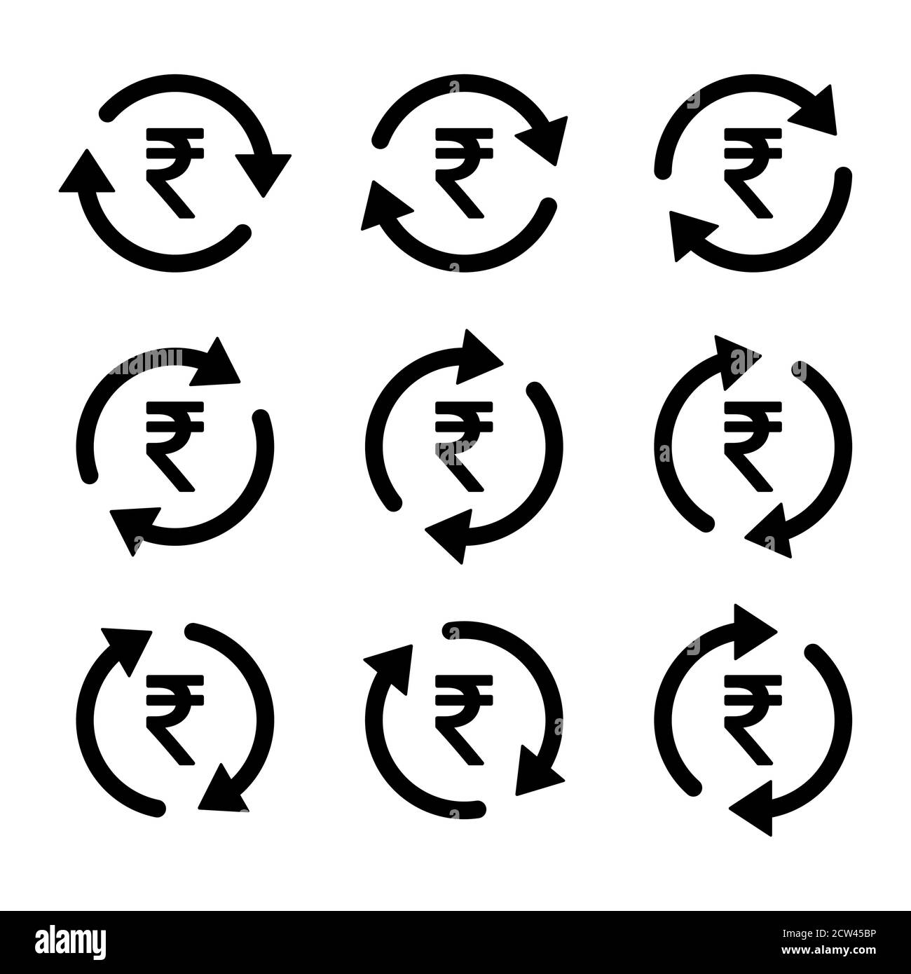 Insieme di icona di denaro rupie, raccolta di segno di business indiano, illustrazione vettoriale di economia di mercato . Illustrazione Vettoriale