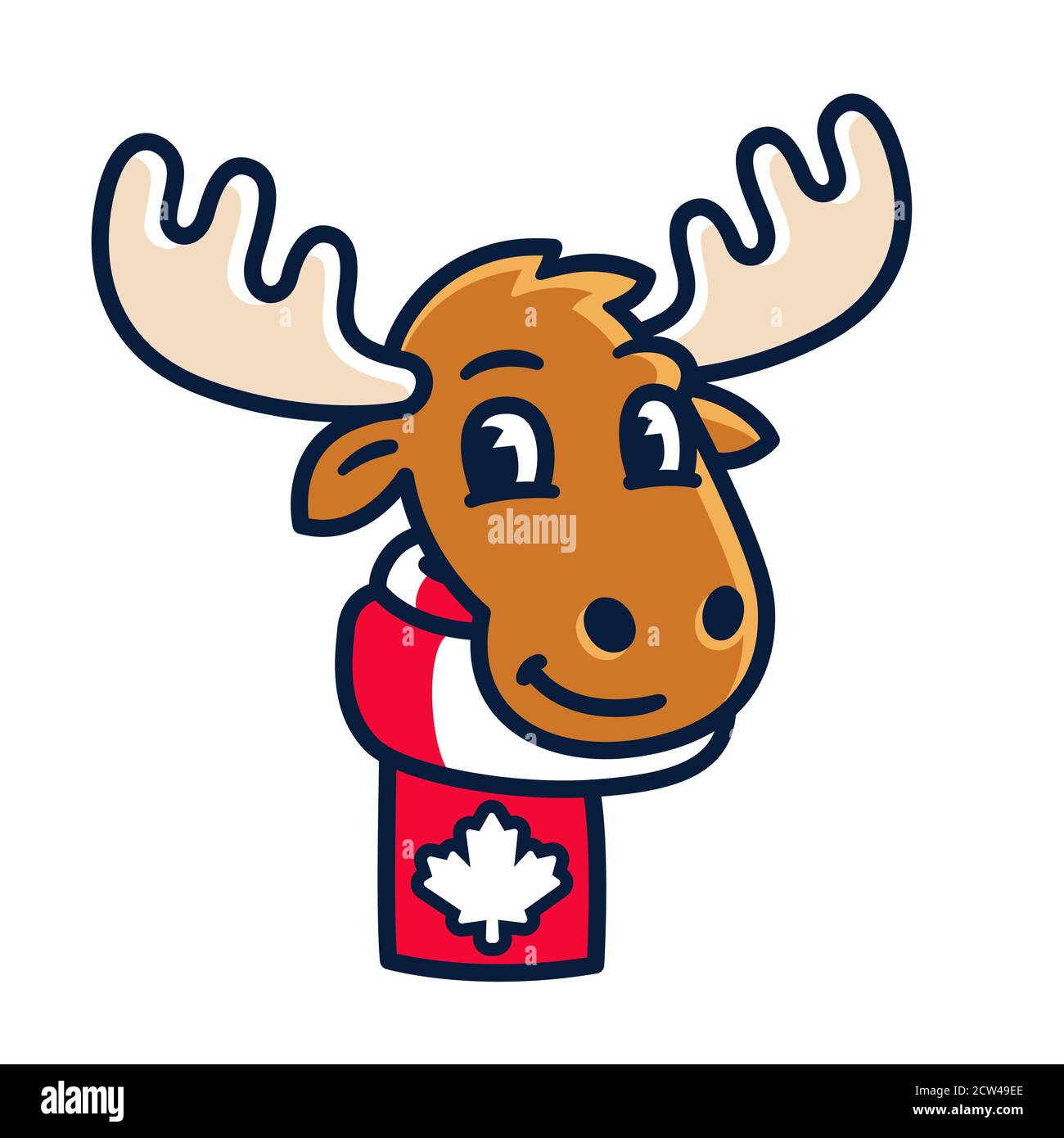 Divertente moose fumetto con sciarpa in colori bandiera canadese. Simbolo del Canada, illustrazione grafica vettoriale Illustrazione Vettoriale