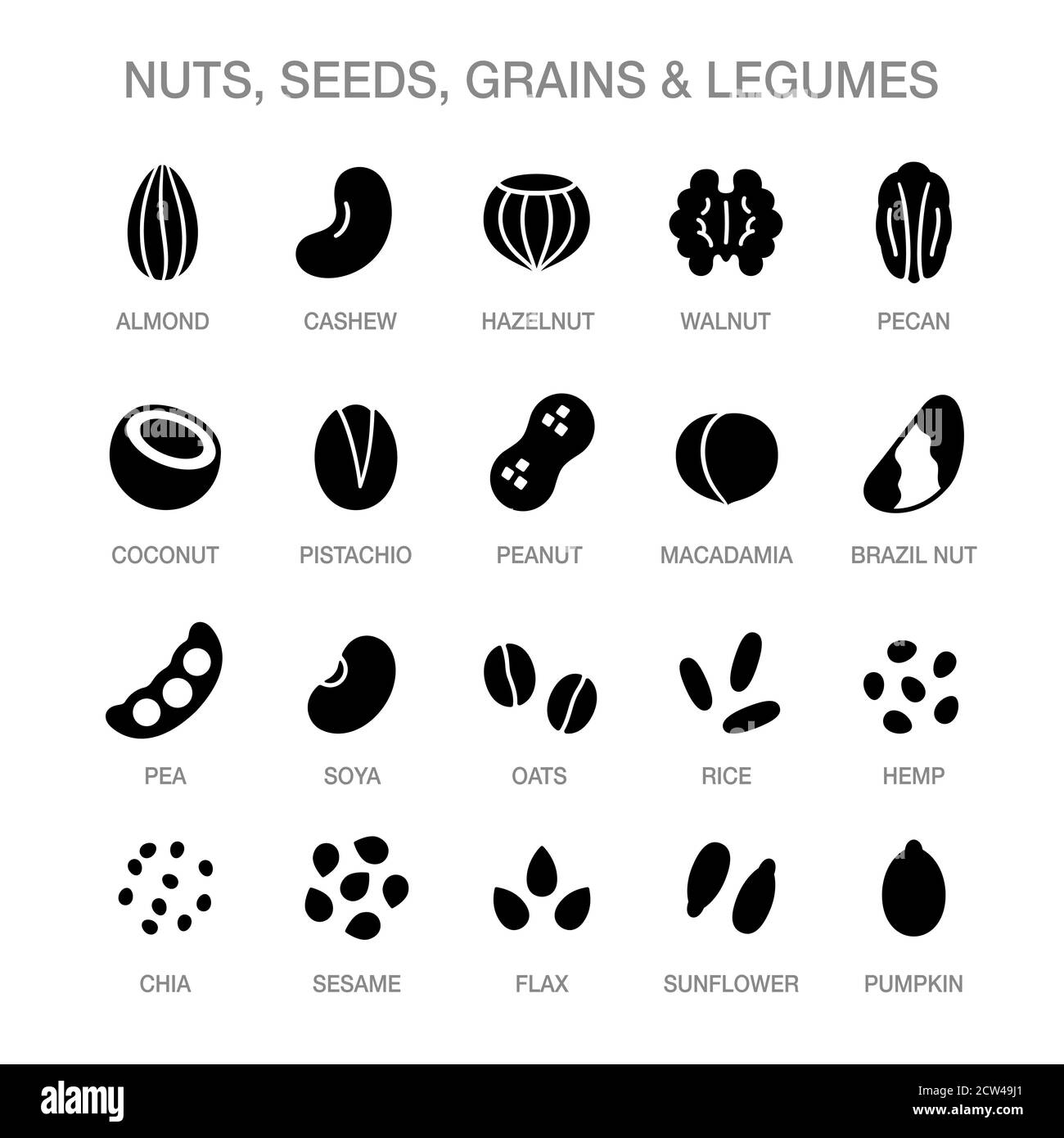 Insieme di icone di dadi, semi, grani e legumi. Icone in stile cartoon nero pieno. Ingredienti dietetici a base vegetale, simboli del latte non caseario. Illustrazione Vettoriale