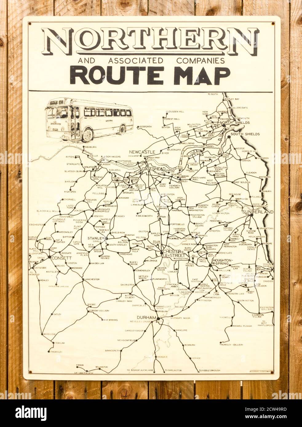 Riproduzione la mappa del percorso del trasporto Generale del Nord visto al Beamish Museum, Co. Durham, Inghilterra, Regno Unito Foto Stock