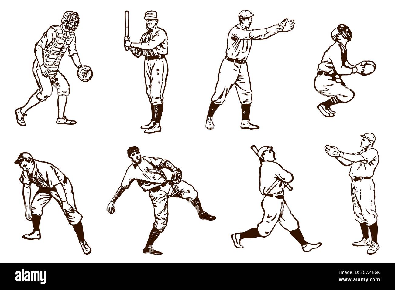 Set di storici giocatori di baseball, dopo illustrazioni vintage del 19 ° secolo Illustrazione Vettoriale