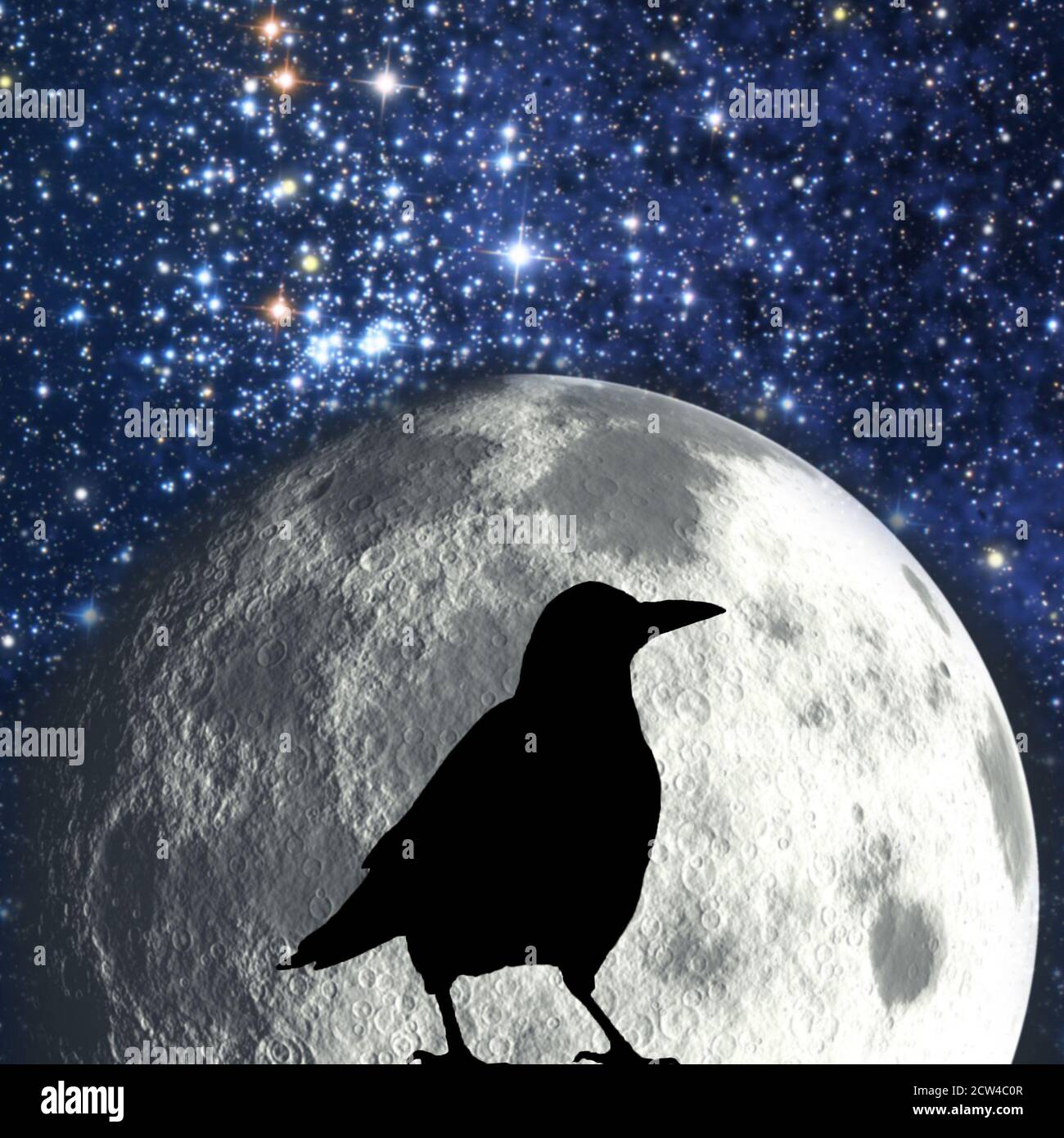 silhouette di un corvo di fronte a una luna piena Foto Stock