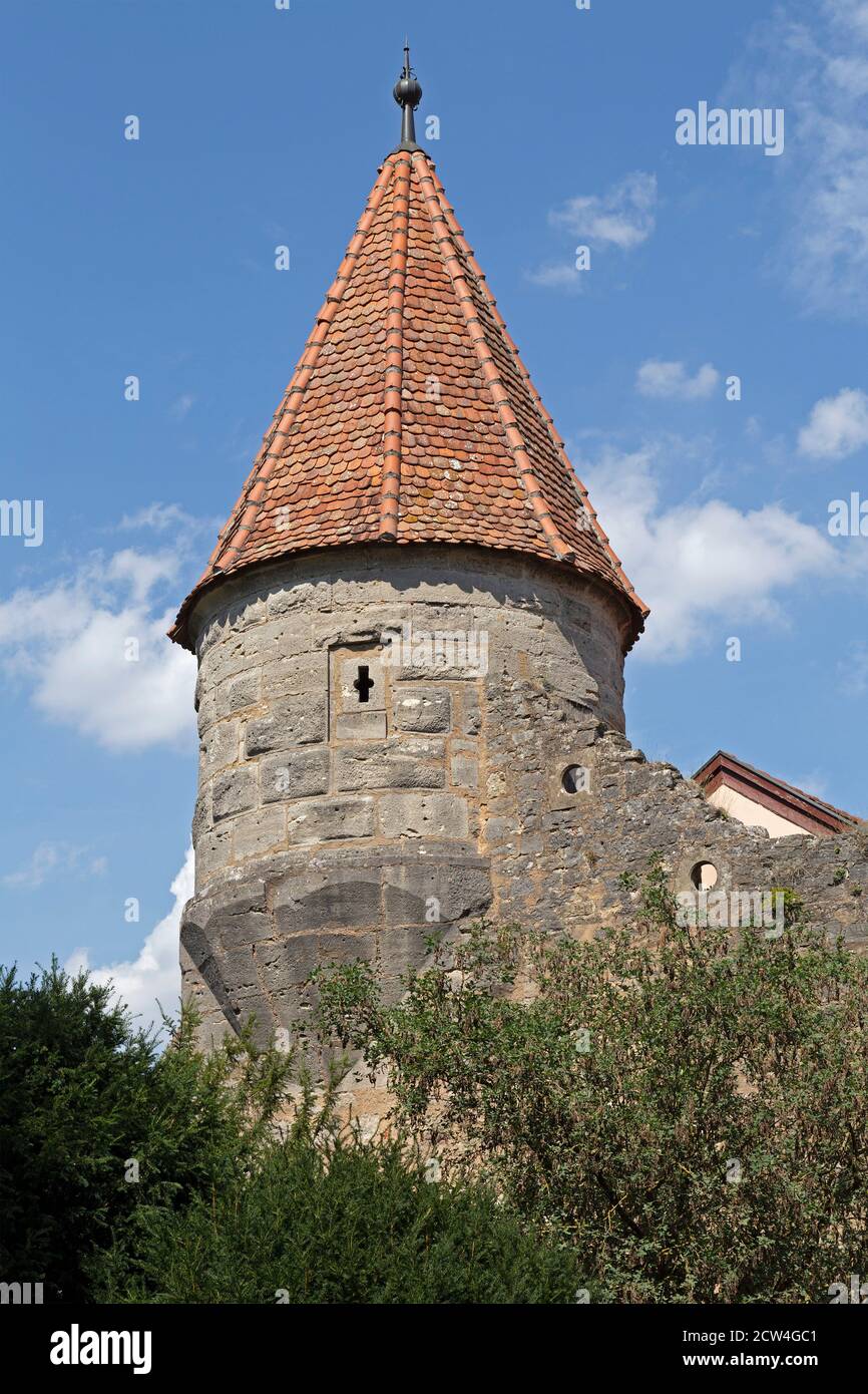 Torre d'angolo della porta del castello, città vecchia, Rothenburg ob der Tauber, Franconia centrale, Baviera, Germania Foto Stock