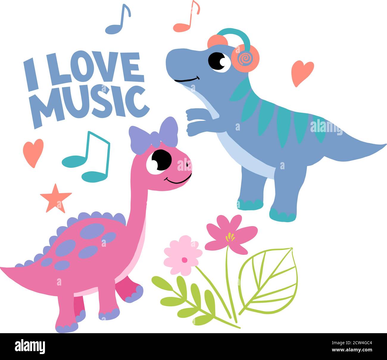 Immagine vettoriale con graziosi dinosauri, fiori e l'iscrizione - io amo la musica. Per decorare poster nel vivaio, stampe per abiti, tazze, notebook Illustrazione Vettoriale