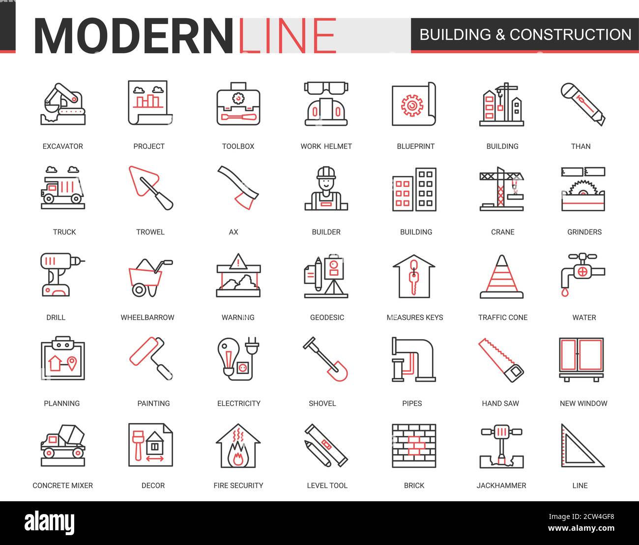 Costruzione costruzione sottile rosso nero linea icone vettoriale set di illustrazione, delineare costruzione sito web simboli raccolta con costruttori attrezzi e attrezzature gru, sviluppo di architettura cittadina Illustrazione Vettoriale