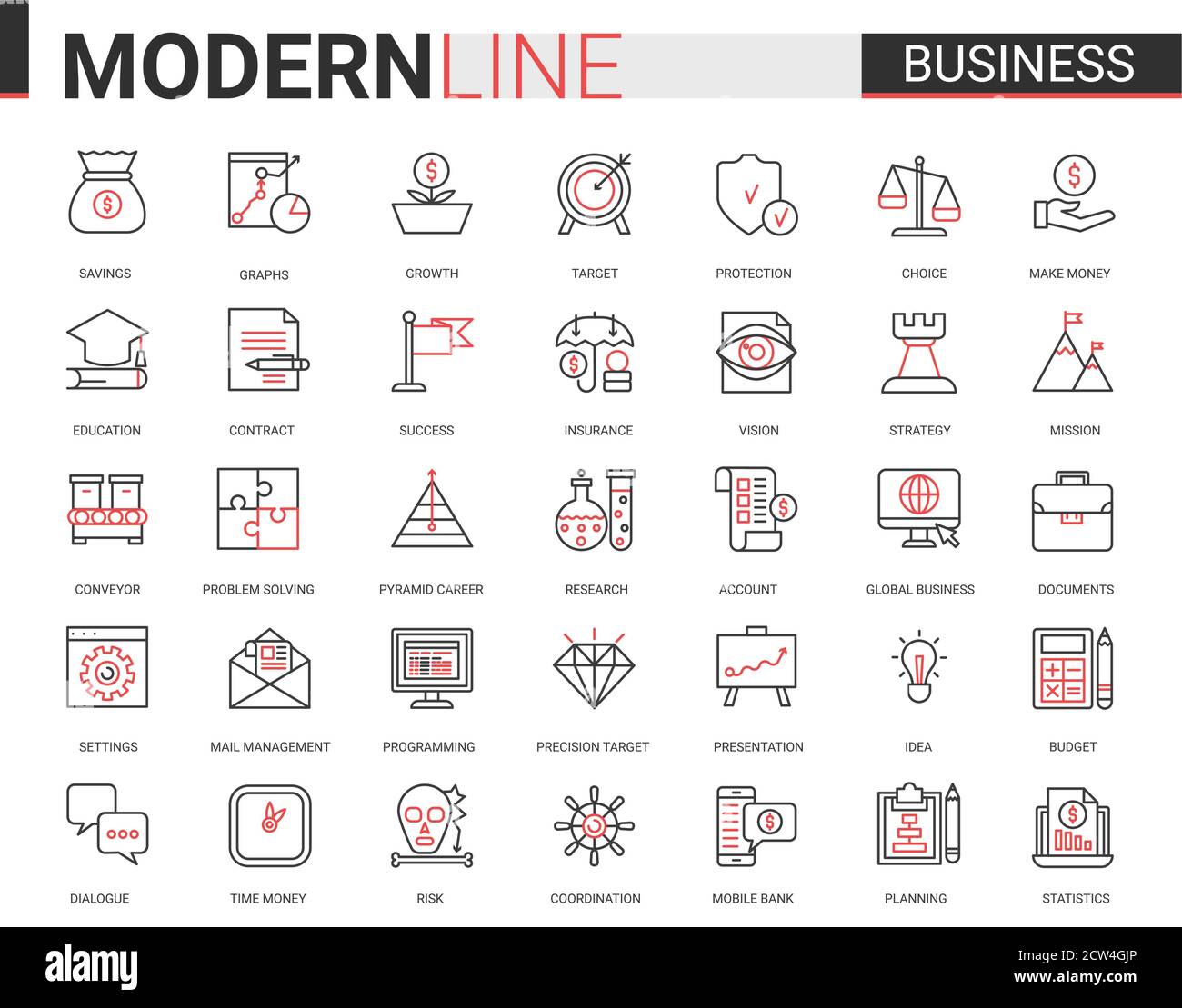 Business flat sottile rosso linea nera icona vettore illustrazione insieme con contorno infografica simboli di successo strategia di business per la crescita di risparmio di denaro, il budget di pianificazione di successo e lavoro d'ufficio Illustrazione Vettoriale