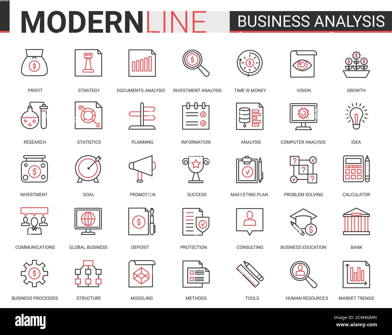 Business analytics flat thin red black line Icons set di illustrazioni vettoriali, strumenti di analista per l'analisi digitale delle informazioni di borsa, strategia di consulenza delineare la raccolta di simboli web Illustrazione Vettoriale
