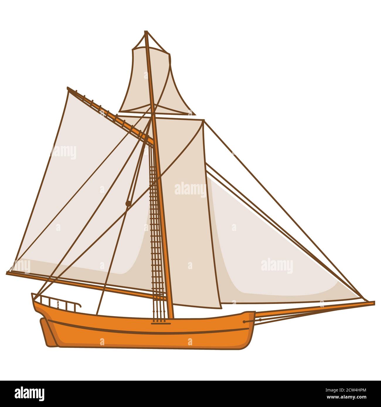 Nave vintage barca a vela in legno. Vettore ART a linea piatta. Barca a vela. Illustrazione Vettoriale