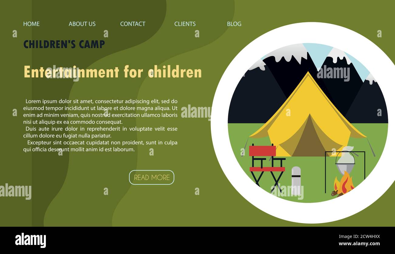 Illustrazione vettoriale del sito per il campeggio, i campi di salute e il turismo dei bambini. Illustrazione piatta della pagina principale dell'app mobile con una casa ad albero, tenda, falò e attrezzature da campeggio sullo sfondo di montagne e foreste.Banner per un sito web, annuncio, laptop o smartphone. Illustrazione Vettoriale