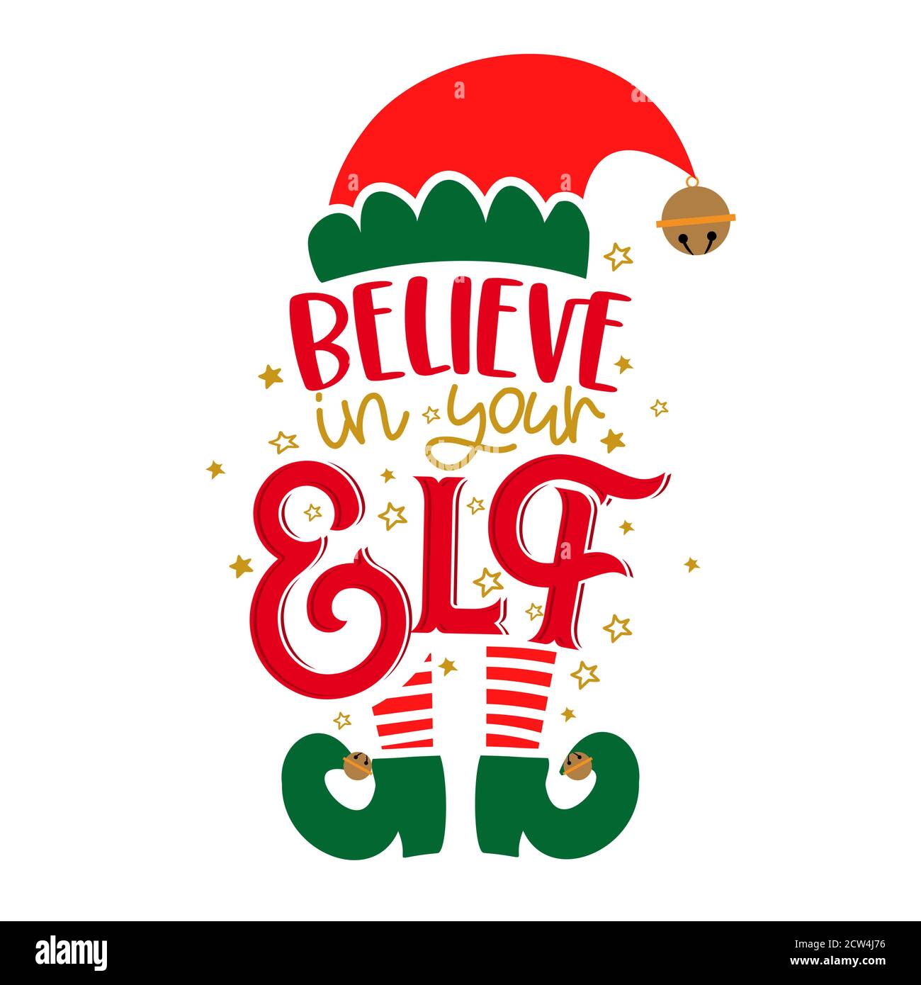 Credi nel tuo Elf (te stesso) - frase per vestiti di Natale o brutto maglioni. Lettere disegnate a mano per biglietti d'auguri natalizi, inviti. Ottimo per t Illustrazione Vettoriale