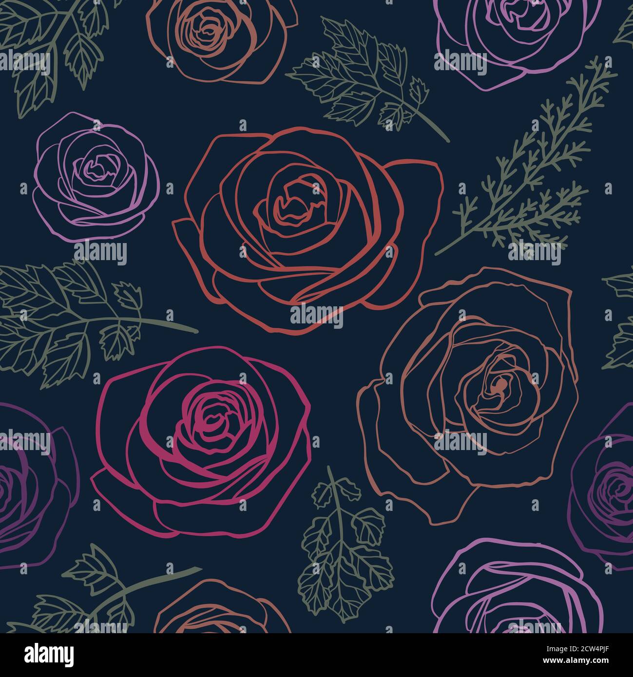 Motivo di sfondo senza giunture Roses. Linee di contorno e tratti disegnati a mano. Vettore Foto Stock