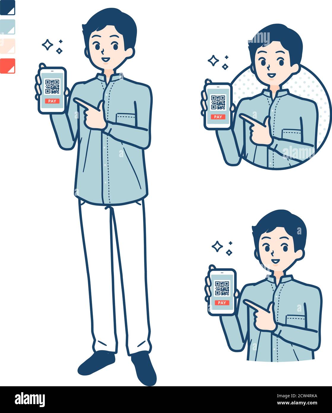 Uomo in uno shirtwith pagamento senza contanti sulle immagini dello smartphone. Si tratta di grafica vettoriale, quindi è facile da modificare. Illustrazione Vettoriale