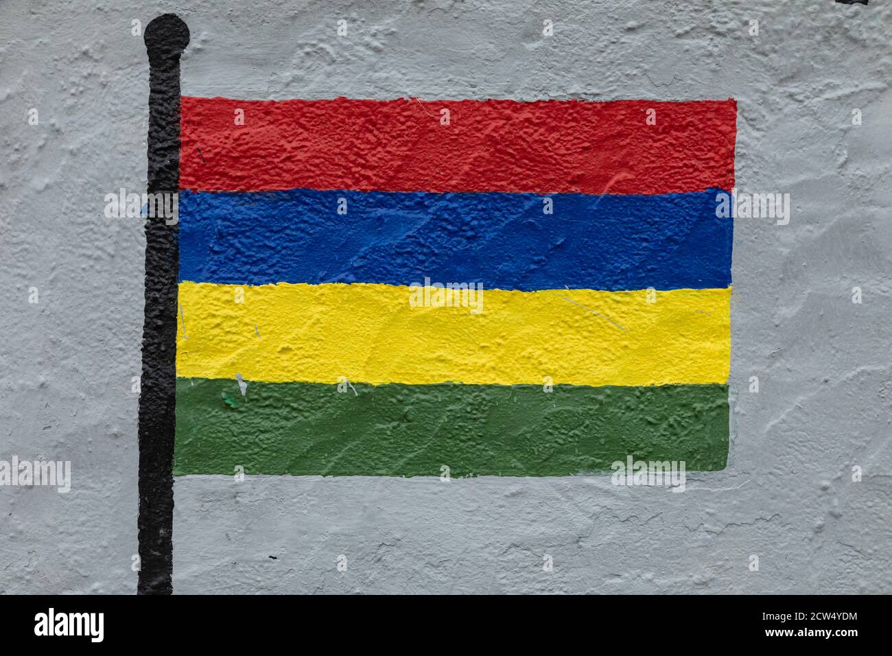 Disegno in stile infantile, della bandiera dell'isola di Mauritius, dipinto su un muro. Foto Stock
