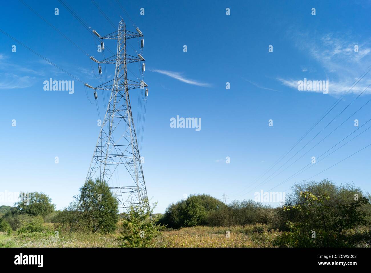 Pilone elettrico che trasporta linee elettriche di rete in campagna, Inghilterra Regno Unito. Spazio per la copia o il testo, spazio per la copia, illustrazione, illustrazione Foto Stock