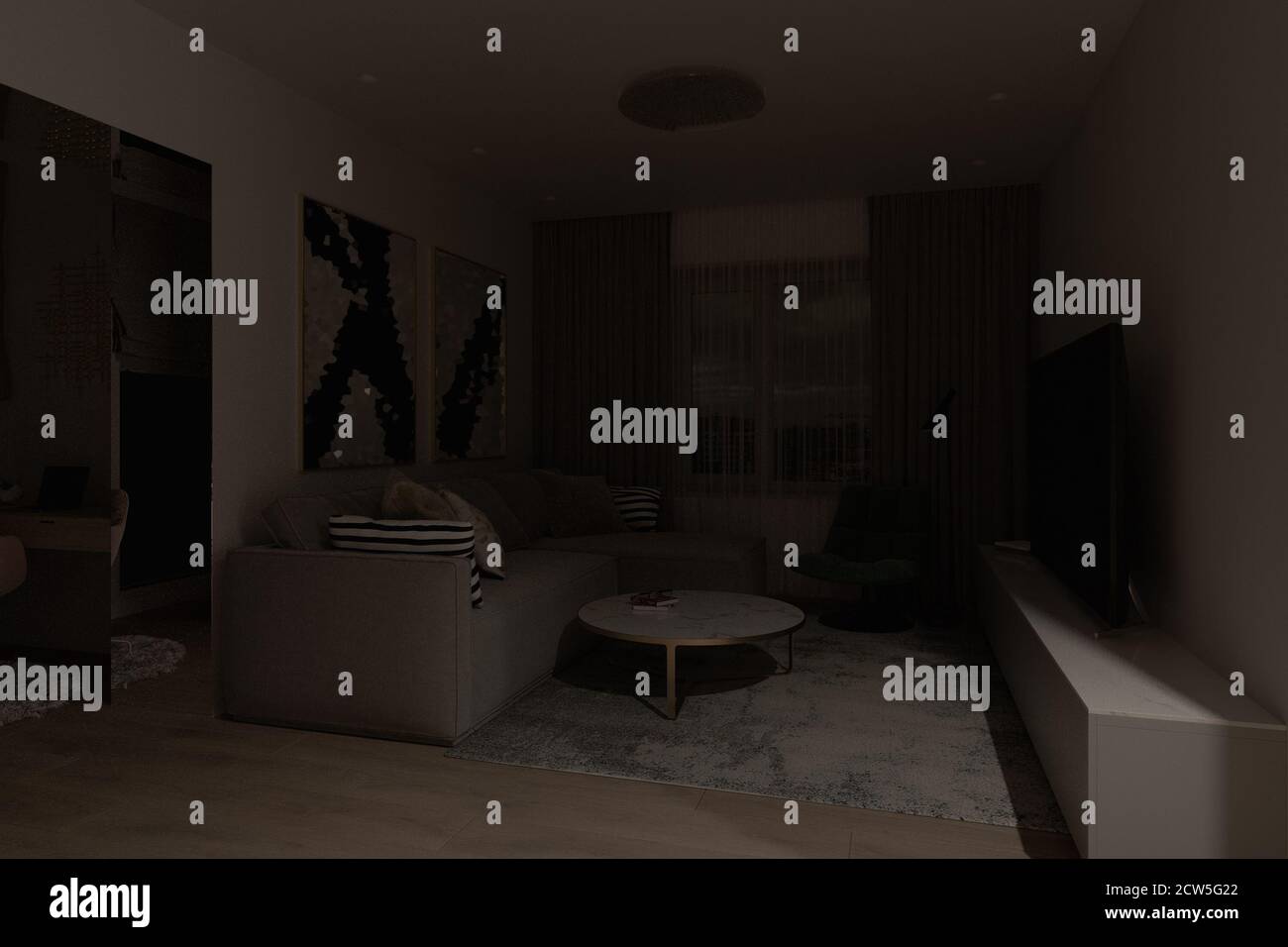 Una serie di illustrazioni 3d del soggiorno interno con illuminazione diversa Foto Stock